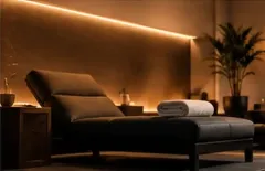 Sala de spa moderna con camilla de masaje, toallas enrolladas, iluminación cálida y una planta en maceta.