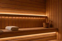 Banco de sauna de madera cálida con toallas enrolladas y un cubo bajo una suave luz ámbar.