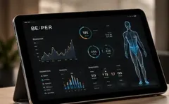 Tableta que muestra un panel de control de fitness oscuro con gráficos, métricas y un diagrama del cuerpo humano.