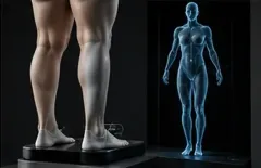 Vista posterior de piernas musculosas junto a un diagrama del cuerpo humano de color azul brillante sobre una plataforma 