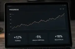 Panel de control del progreso físico en un ordenador portátil, que muestra una línea de tendencia ascendente
