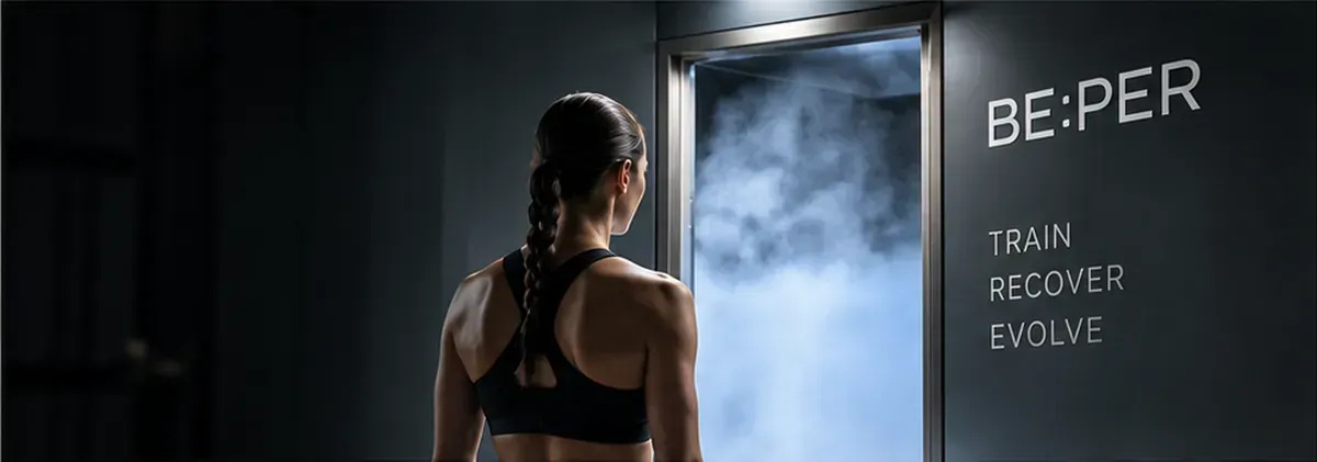 Persona frente a una puerta iluminada en un gimnasio con poca luz, con el texto “BE:PER” en la pared.