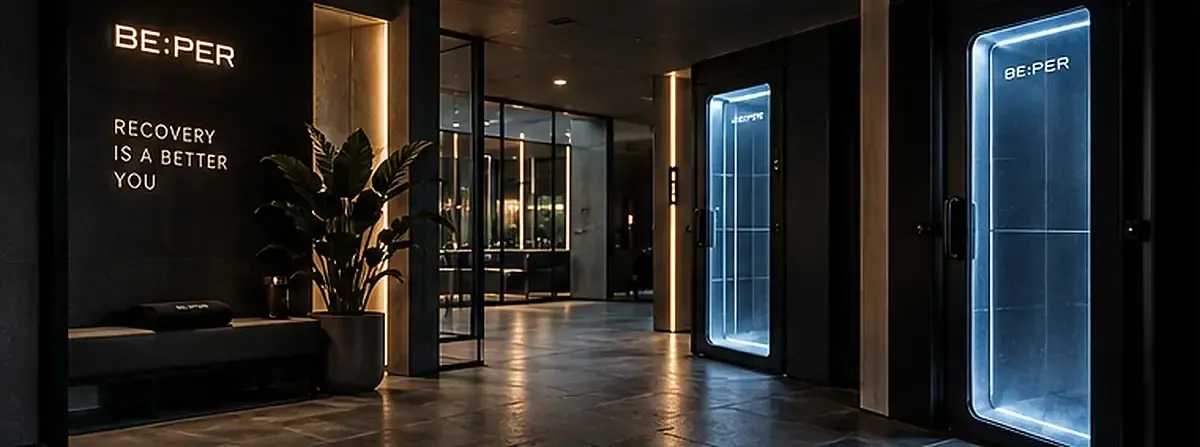 Vestíbulo de hotel moderno con puertas de ascensor iluminadas en azul y una cálida iluminación ambiental.
