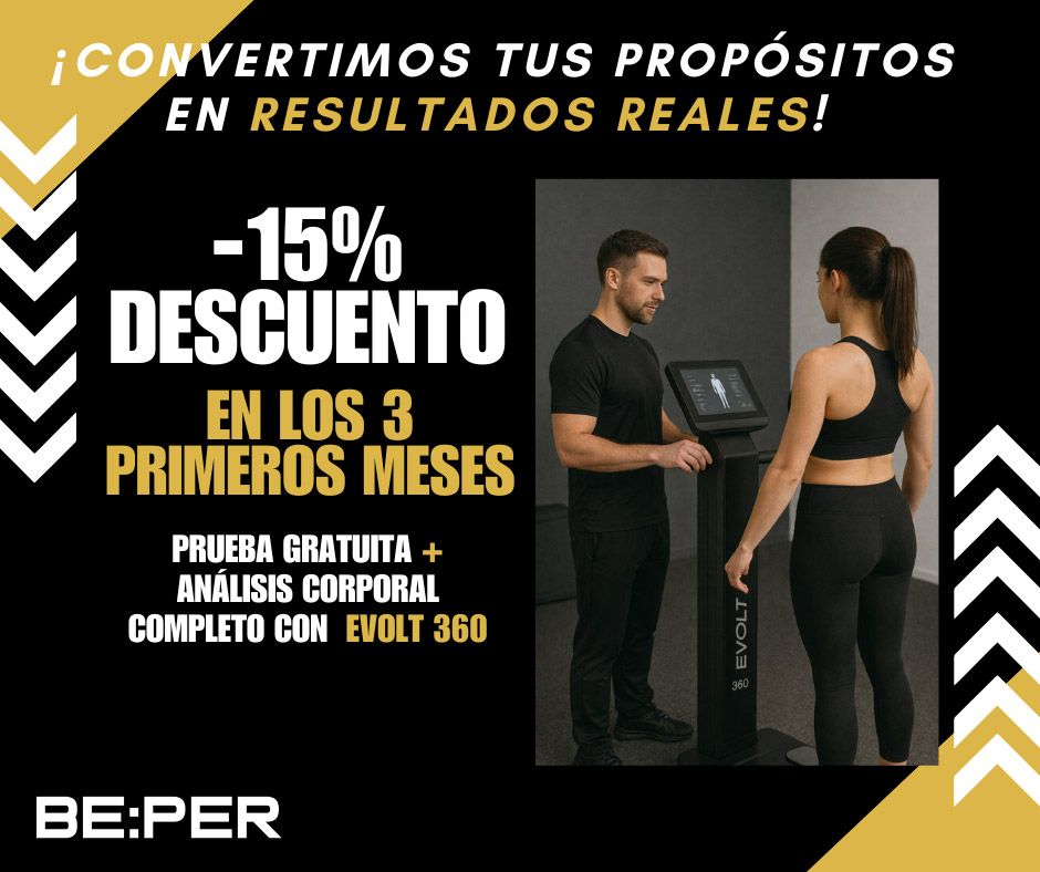 Anuncio: Gimnasio con 15% de descuento durante 3 meses. Incluye un análisis corporal gratuito con EVOLT 360.