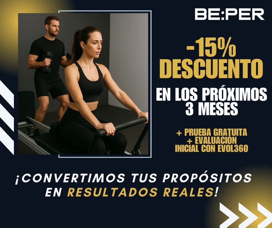 Anuncio: Gimnasio con 15% de descuento durante 3 meses. Incluye un análisis corporal gratuito con EVOLT 360.