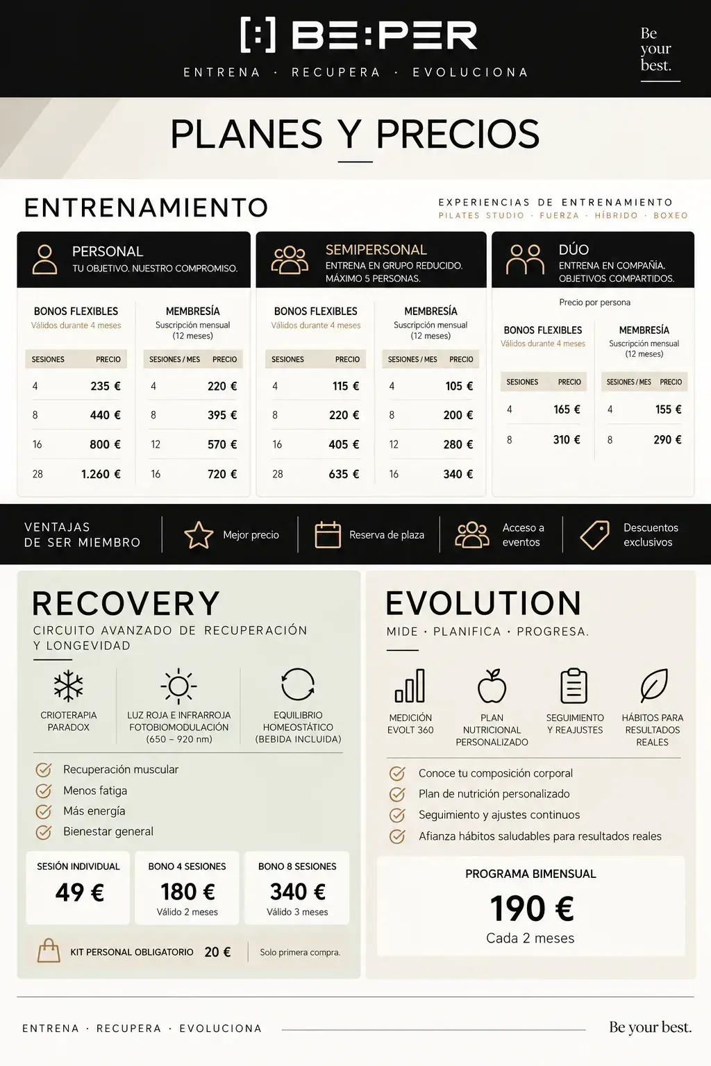 Cartel de precios de gimnasio español con secciones en negro, beige y blanco para planes de entrenamiento