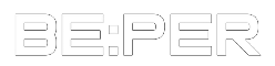 Logotipo BE:PER en blanco, texto estilizado sobre fondo negro.