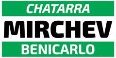 Logotipo con el texto "CHATARRA MIRCHEV BENICARLO" en blanco y negro sobre pancartas rectangulares verdes.