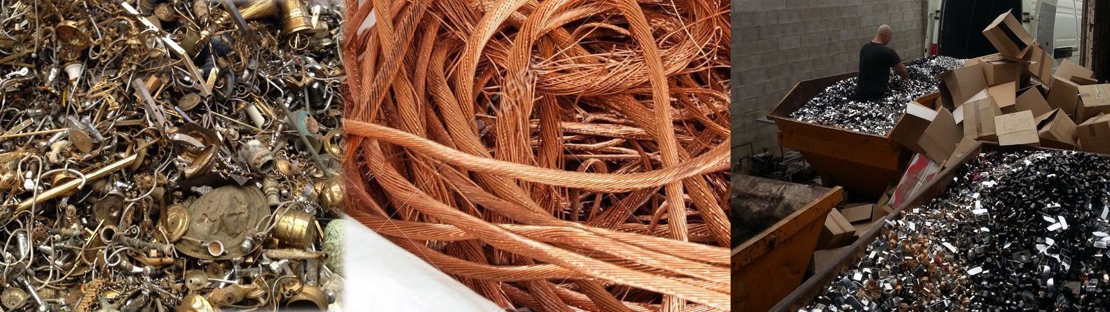Tres paneles muestran montones de chatarra industrial: virutas de latón, alambre de cobre enrollado y diversos componentes metálicos.