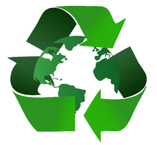 Un símbolo de reciclaje de color verde con forma de triángulo, que presenta un mapa estilizado de la Tierra en su centro.