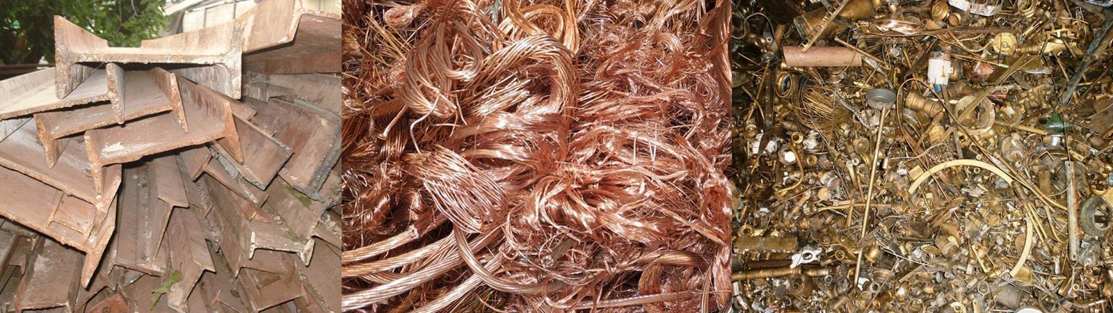 Un collage que muestra vigas de acero oxidadas, un montón de alambre de cobre brillante y una mezcla de restos de metal triturados.