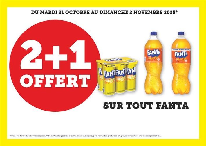 2 + 1 offert sur tout Fanta. Offre sur tous les produits Fanta signalés en magasin pour l’achat de 3 produits identiques, non cumulable avec d’autres promotions.