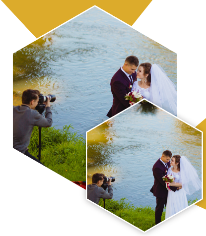 een fotograaf die een foto maakt van een getrouwd stel
