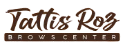 Logotipo del centro Tattis Roz Brows Center, con texto estilizado en color marrón oscuro sobre un fondo melocotón claro.