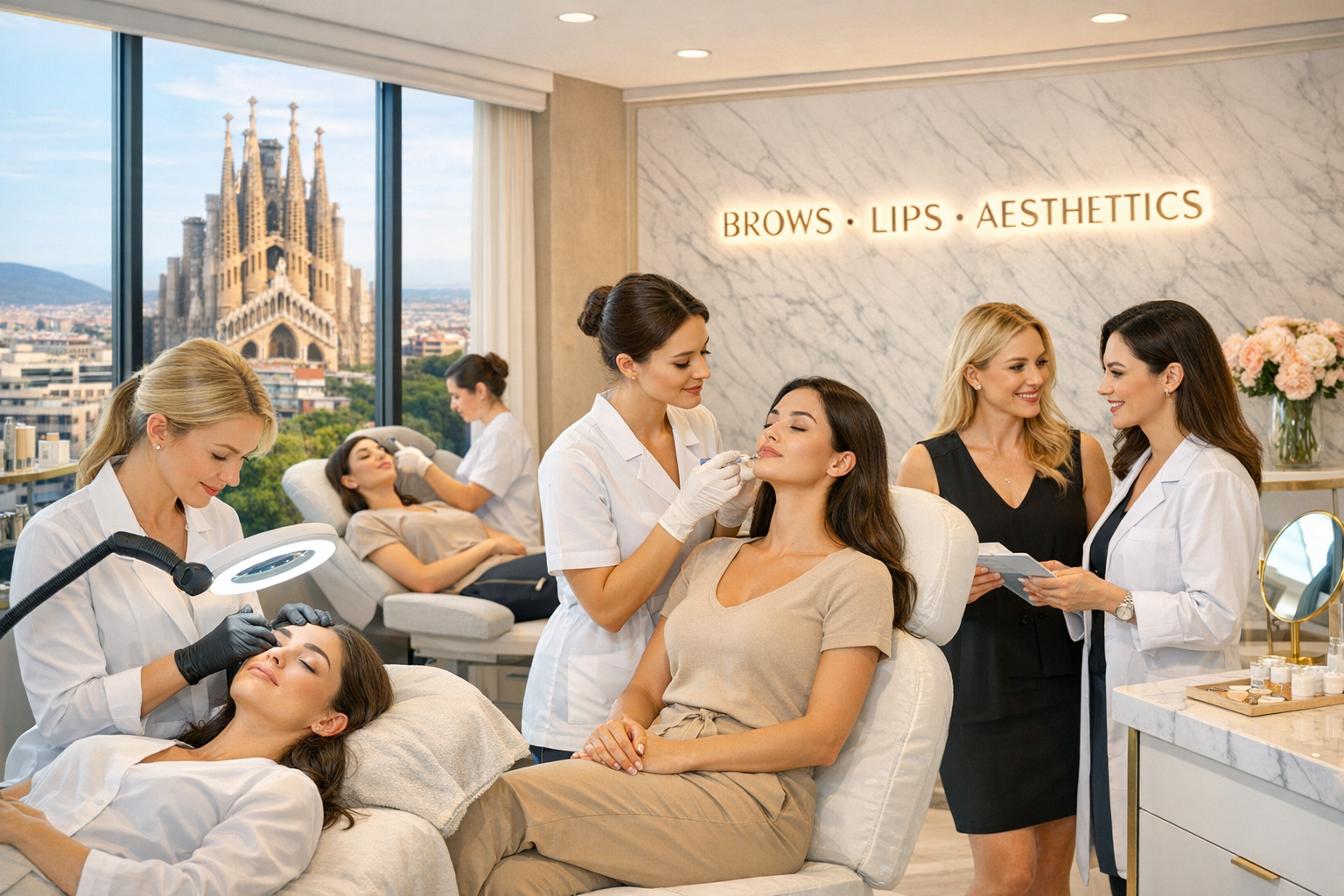 Sala de tratamiento de una clínica de estética con personal realizando tratamientos faciales a los clientes, vistas a la ciudad a través de grandes ventanales.