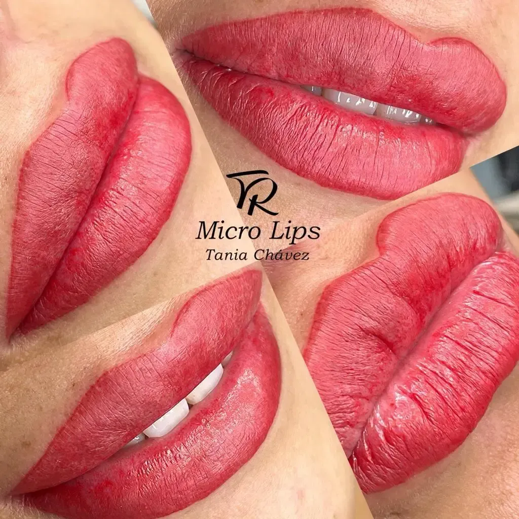 Collage de labios con un tatuaje semipermanente de color rosa, que muestra la forma desde múltiples ángulos.