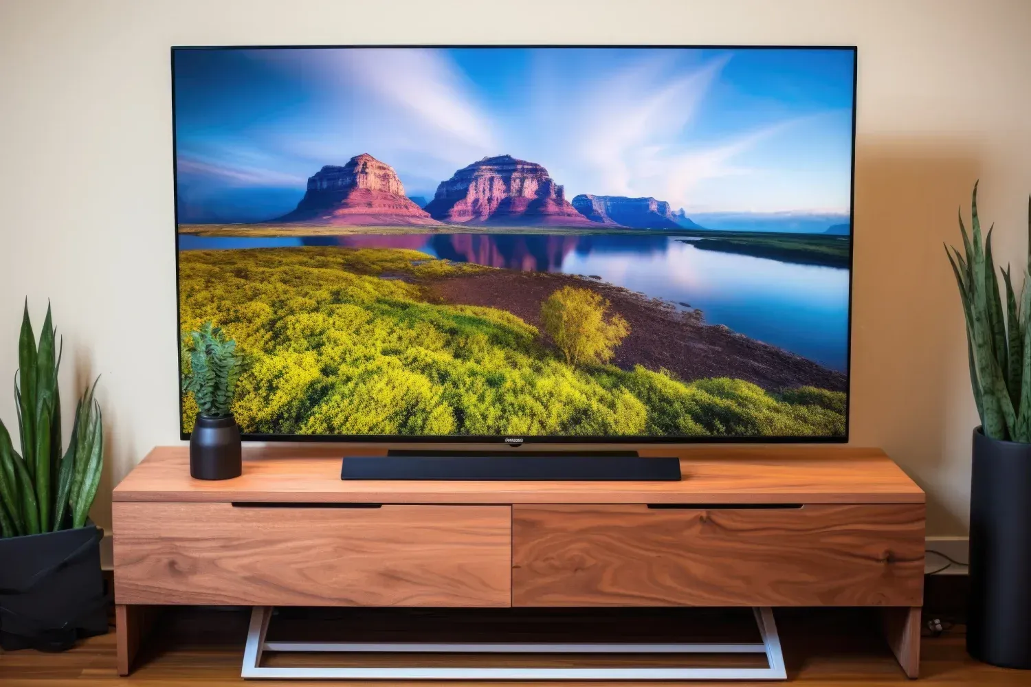 Televisor de gran tamaño que muestra un paisaje escénico
