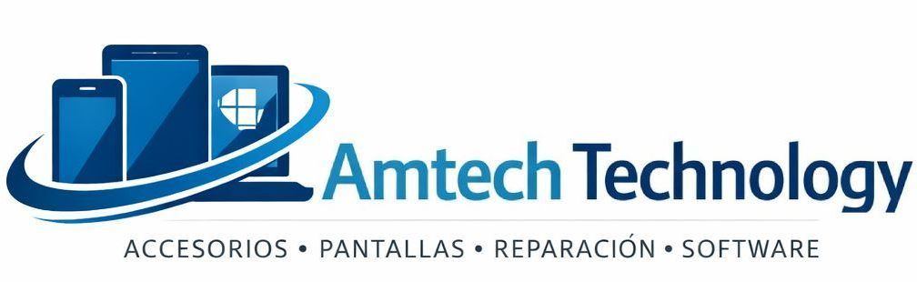 Logotipo de Amtech Technology: presenta un tel&eacute;fono inteligente, una tableta y una computadora port&aacute;til en azul, con el texto "Amtech Technology" y los servicios enumerados debajo.