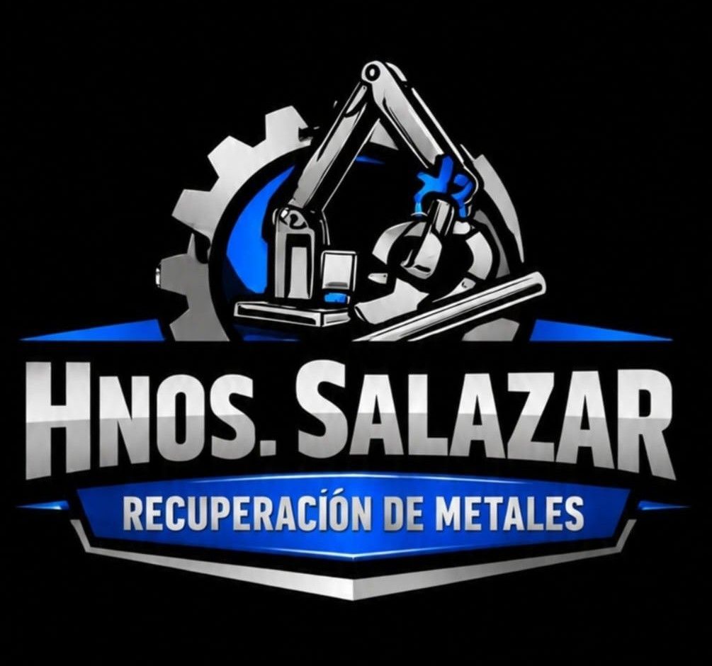 Logo de Hnos. Salazar: excavadora metálica azul y gris sobre engranaje, con texto “Recuperación de Metales”.