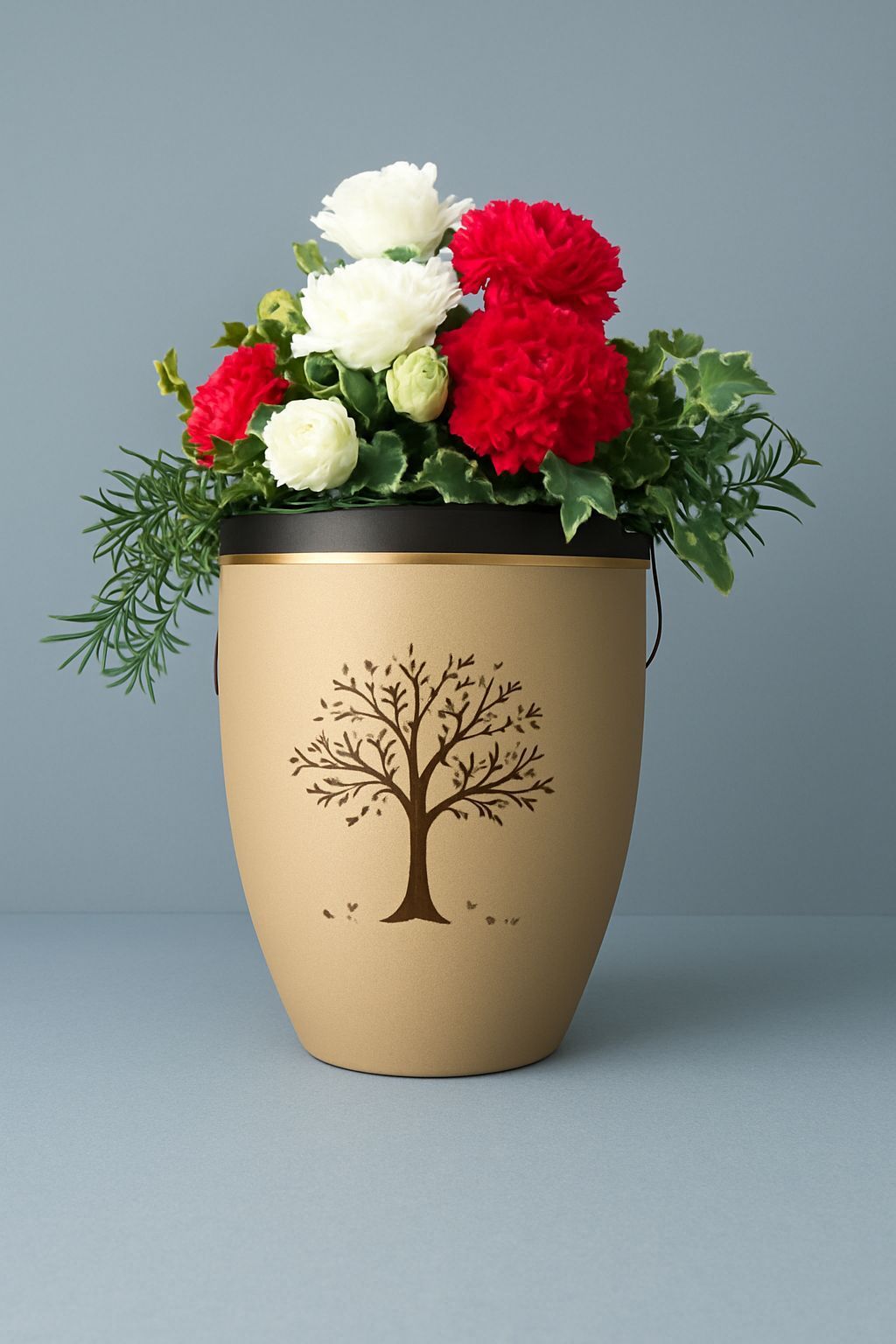 Hellbraune Urne mit Baummotiv, gefüllt mit roten und weißen Blumen und Grünpflanzen.