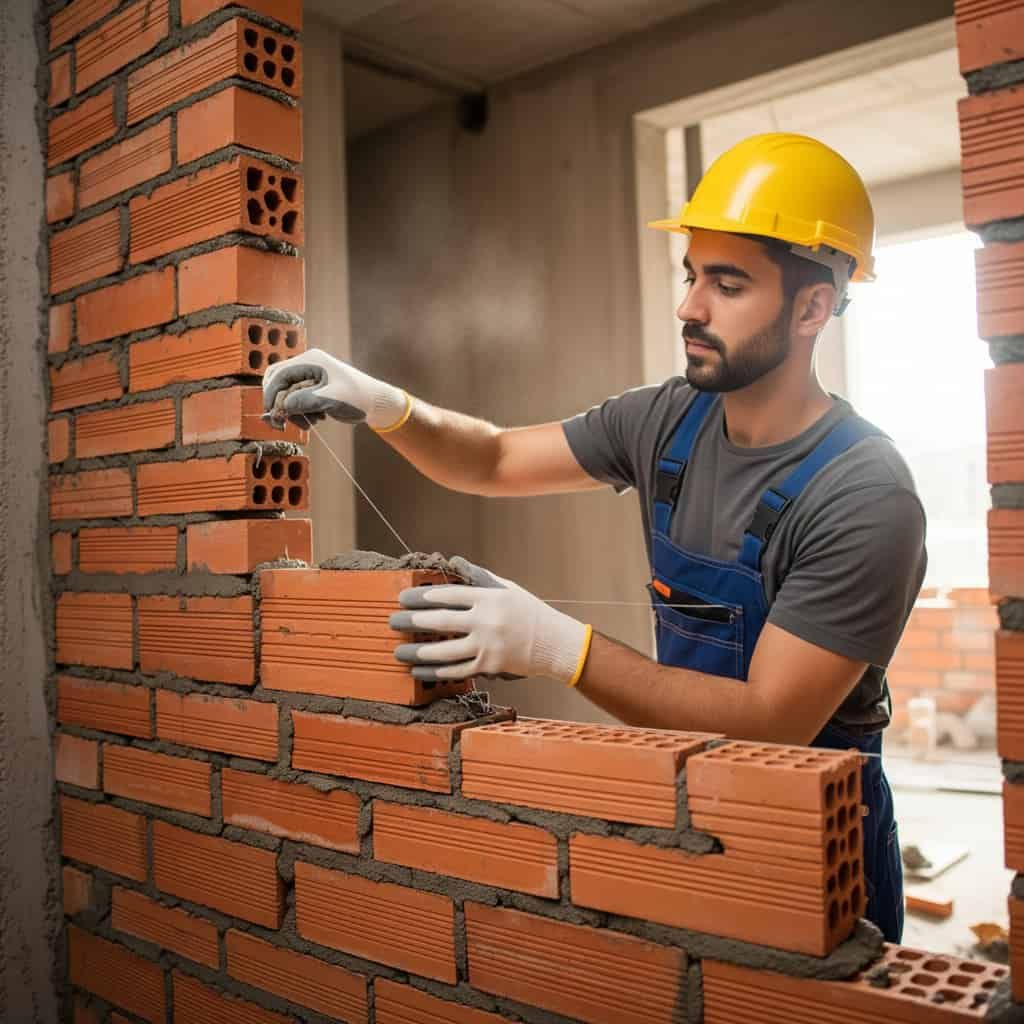 Un hombre está colocando ladrillos en una pared de ladrillos.