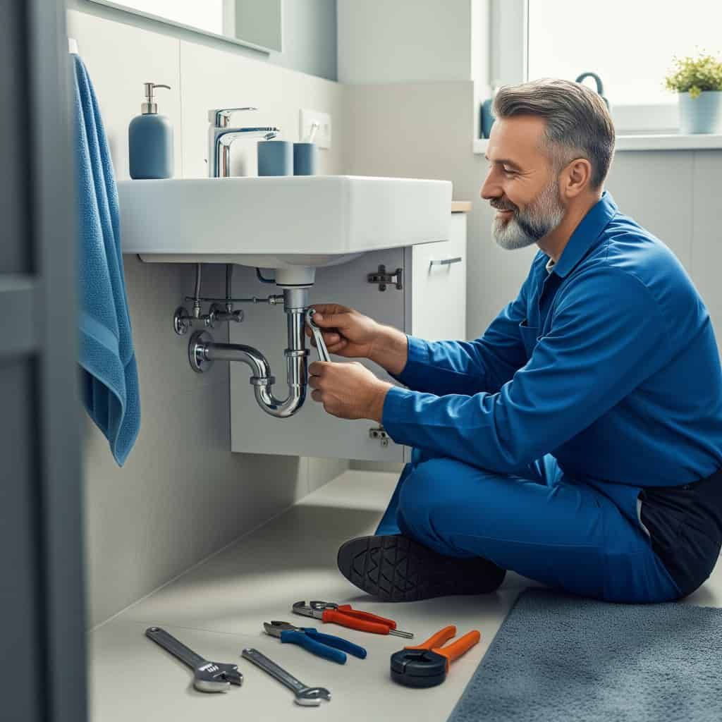 Un fontanero está arrodillado en el suelo arreglando un lavabo en un baño.