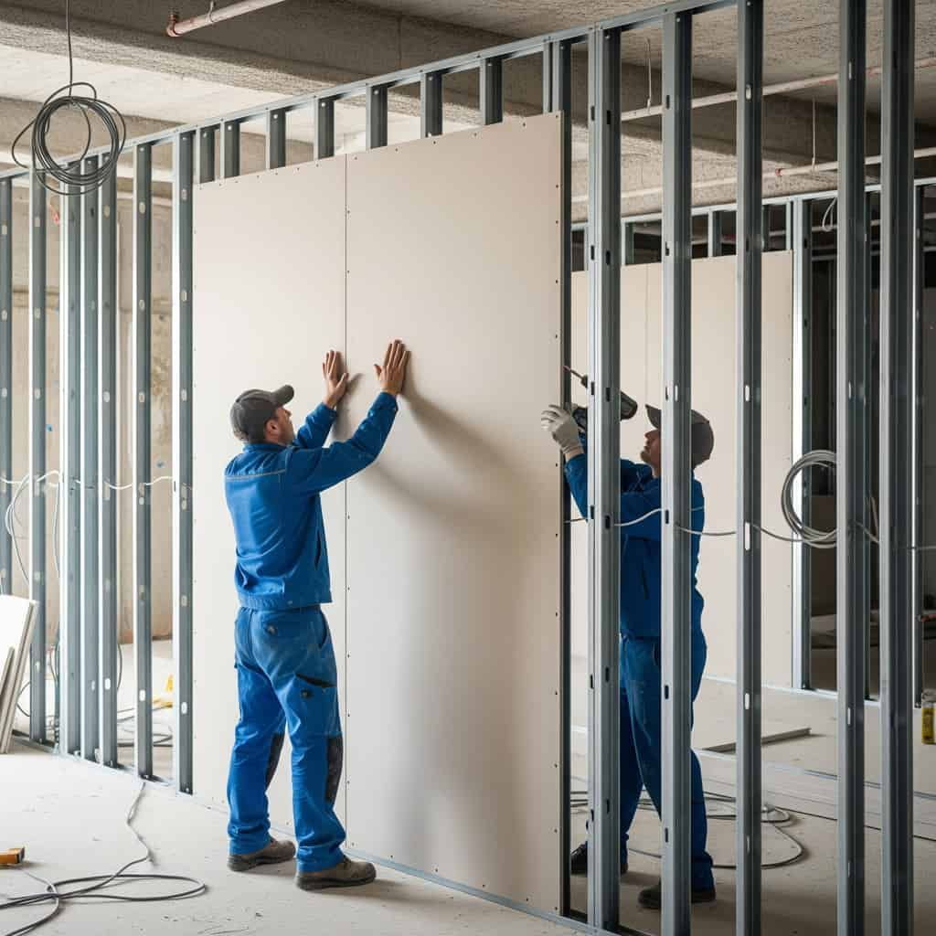 Dos hombres están trabajando en una pared de un edificio en construcción.