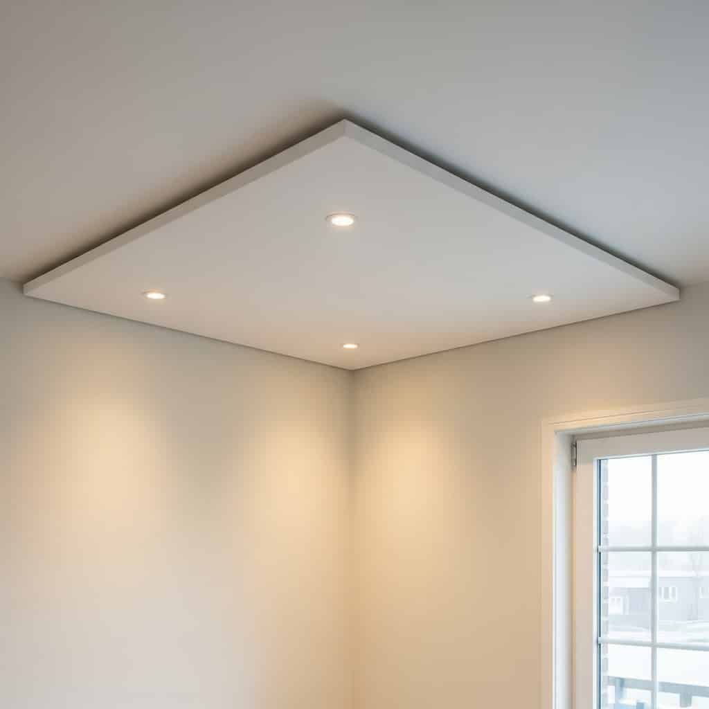 Una habitación con un techo cuadrado y una ventana.