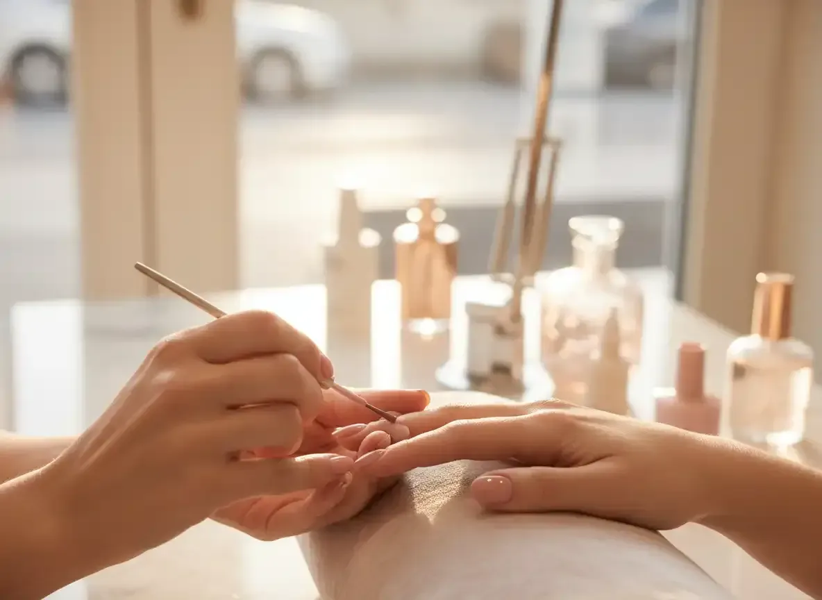 Manos recibiendo una manicura con esmalte neutro en un salón luminoso.