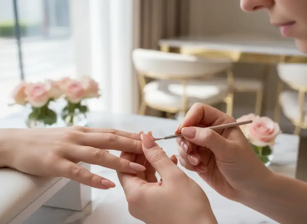 Manos recibiendo una manicura en un salón luminoso con flores rosas sobre la mesa.