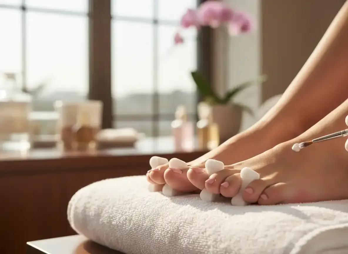 Pies con pedicura descansando sobre una toalla mientras un cepillo de uñas aplica esmalte en un ambiente de spa.