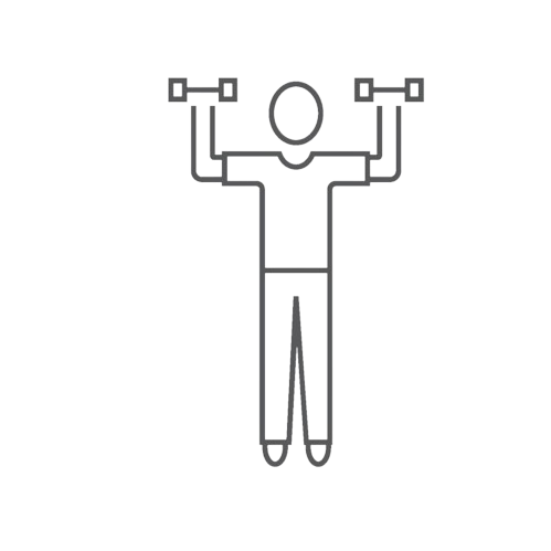 Un dibujo lineal de un hombre levantando mancuernas sobre su cabeza.