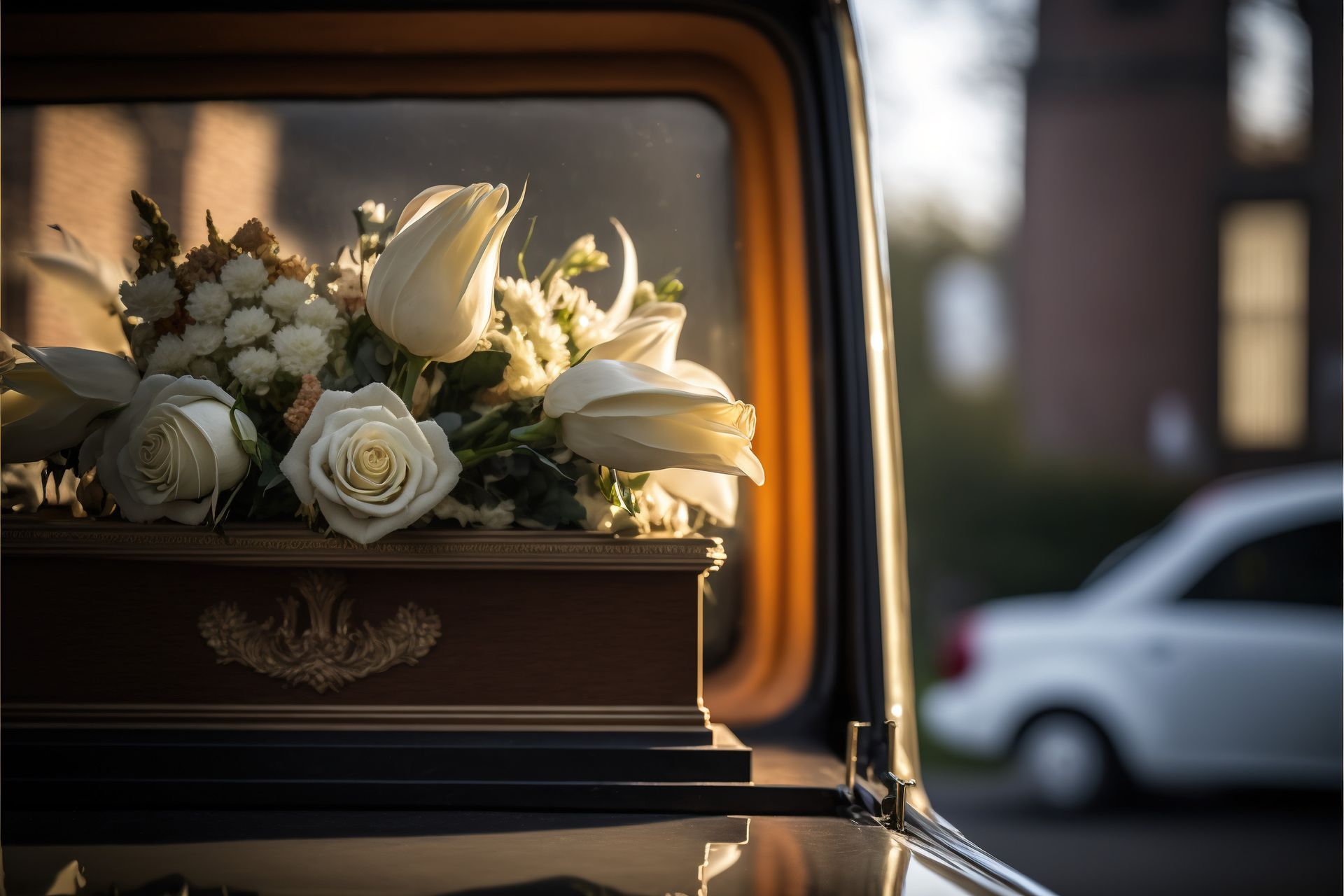 Des fleurs reposent sur un cercueil dans une voiture