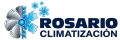 Logotipo de Rosario Climatización que presenta un icono dividido de una pala de ventilador y un copo de nieve, con tres copos de nieve sobre el texto.