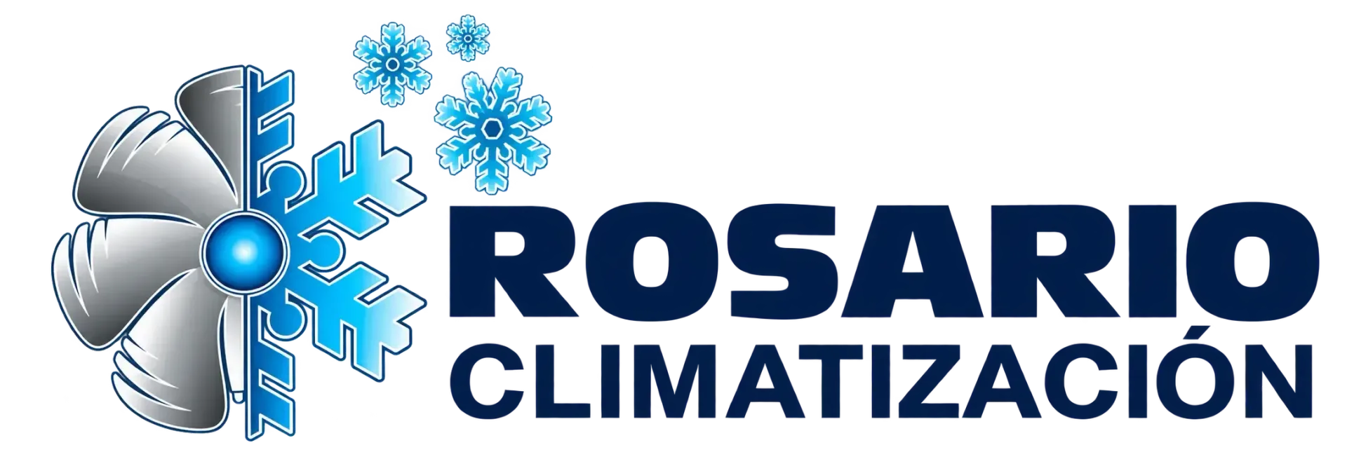 Logotipo de Rosario Climatizaci&oacute;n que presenta un icono dividido de una pala de ventilador y un copo de nieve, con tres copos de nieve sobre el texto.