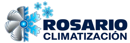 Logotipo de Rosario Climatización que presenta un icono dividido de una pala de ventilador y un copo de nieve, con tres copos de nieve sobre el texto.