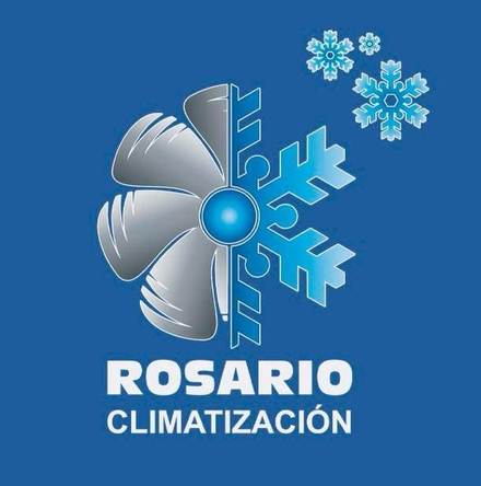 Logotipo de Rosario Climatización que presenta un icono dividido de una pala de ventilador y un copo de nieve, con tres copos de nieve sobre el texto.