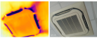 Vista comparativa de una unidad de aire acondicionado montada en el techo: una es una imagen térmica infrarroja y la otra es una fotografía estándar.