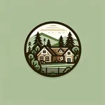 Ilustración de una cabaña en el bosque dentro de un círculo, con árboles, montañas y una cerca.