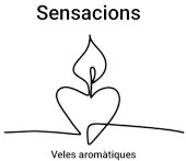 Logotip amb un dibuix lineal estilitzat de cor i flama, etiquetat com a "Sensacions" i "Veles aromàtiques"