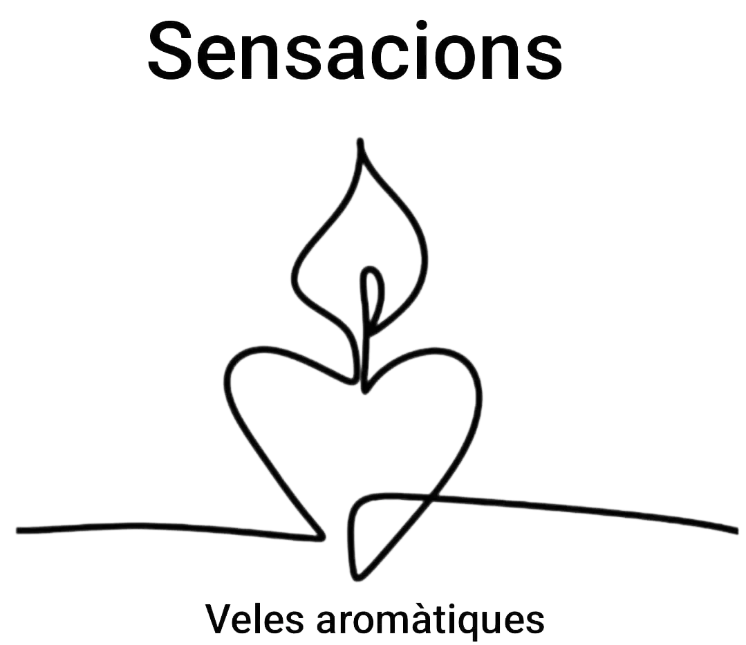 Logotip amb un dibuix lineal estilitzat de cor i flama, etiquetat com a "Sensacions" i "Veles aromàtiques"
