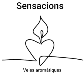 Logotip amb un dibuix lineal estilitzat de cor i flama, etiquetat com a "Sensacions" i "Veles aromàtiques"