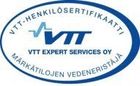 Blue and white circular VTT expert services certification logo with Finnish text and “MÄRKÄTILOJEN VEDENERISTYS”