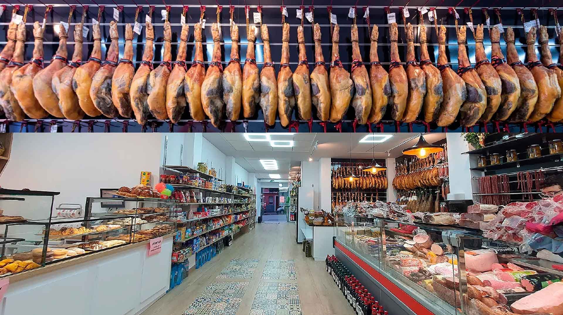 Una imagen de una tienda de comestibles con un montón de carne colgando del techo.