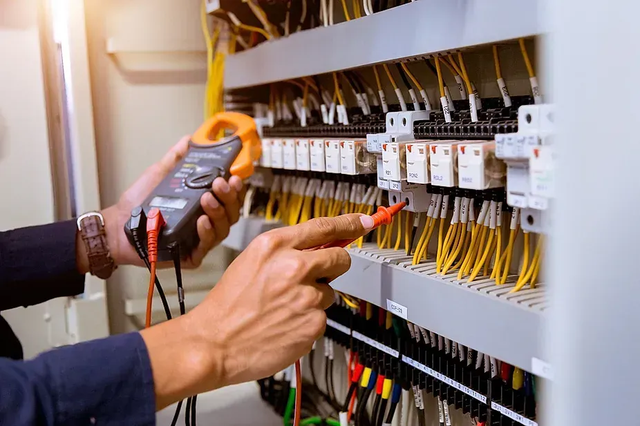 Un electricista está trabajando en un panel eléctrico con un multímetro.