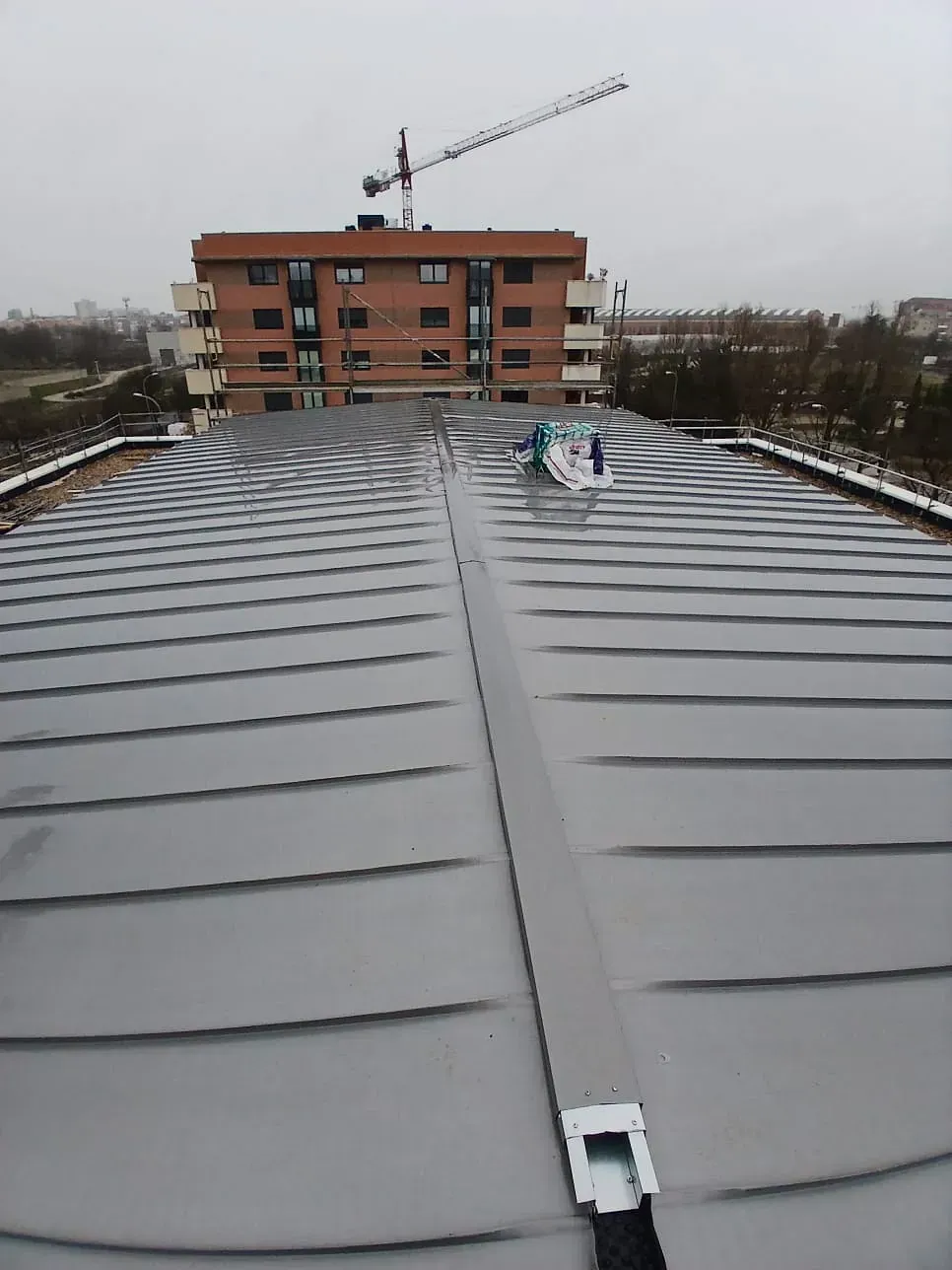 El tejado de un edificio con una grúa al fondo