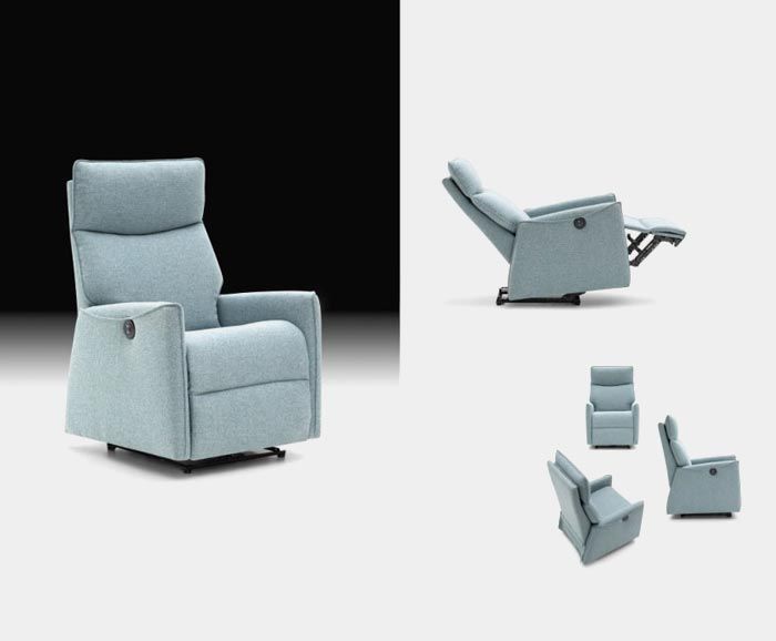 Sillón reclinable tapizado en azul claro mostrado desde múltiples ángulos.