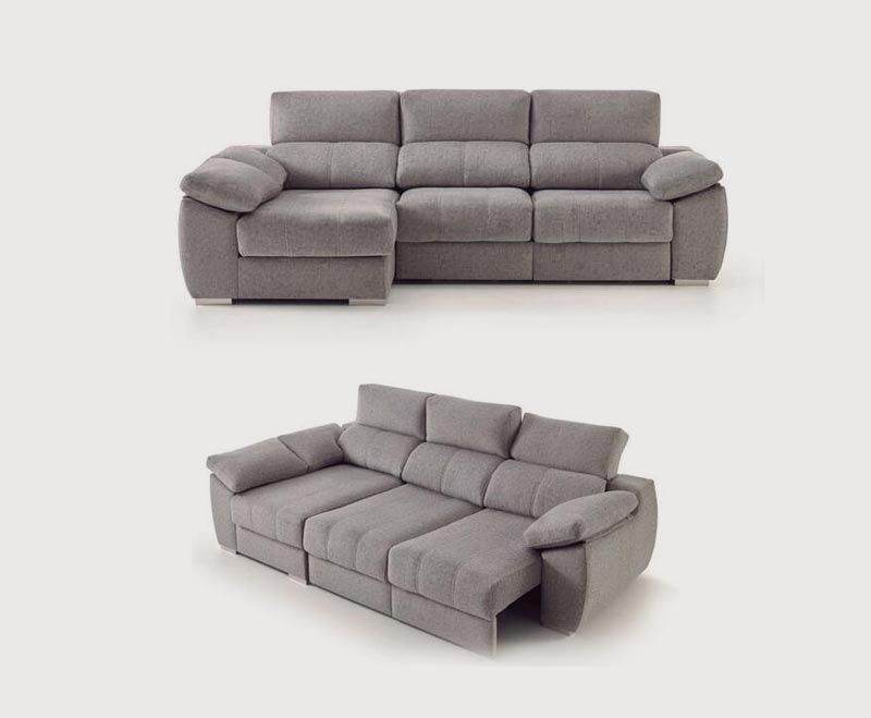 Dos vistas de un sofá seccional gris con reposacabezas ajustables y una chaise longue a la izquierda.