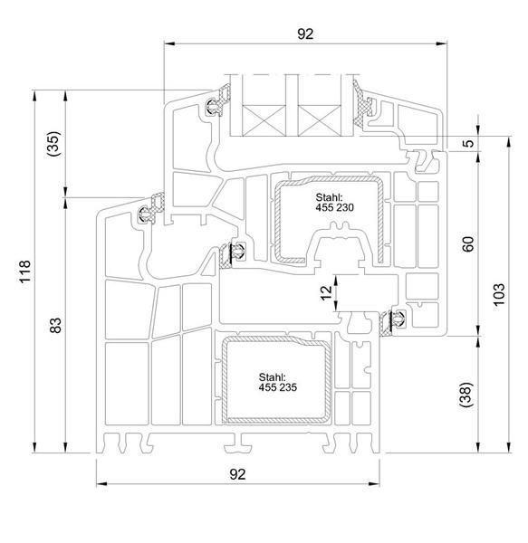 Eine schwarz-weiße Zeichnung eines Fensters mit Maßangaben