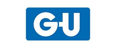 Ein blau-weißes Logo für ein Unternehmen namens GU.